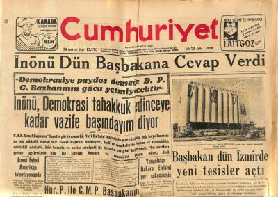 Cumhuriyet Gazetesi 23 Eylül 1958 - Başbakan Dün İzmirde Yeni Tesisler Açtı - İsmet İnönü Amerikan Televizyonunda GZ98025 - 1