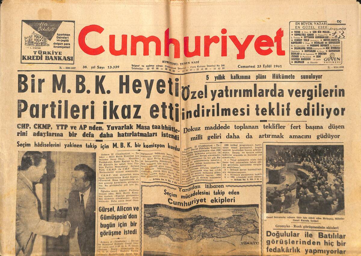 Cumhuriyet Gazetesi 23 Eylül 1961 - Ragıp Gümüşpala Yalanlarken İstifa Haberleri Geliyor - Gangster Necdet 20 Yıla Mahkum Oldu GZ139974 - 1