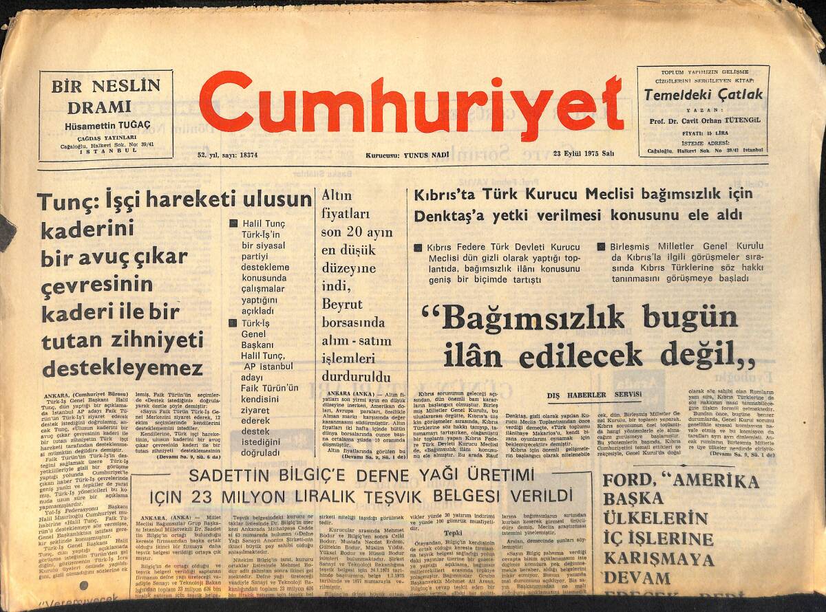 Cumhuriyet Gazetesi 23 Eylül 1975 - Sadettin Bilgiç'e Defne Yağı Üretimi İçin 23 Milyon Liralık Teşvik Belgesi Verildi GZ155383 - 1