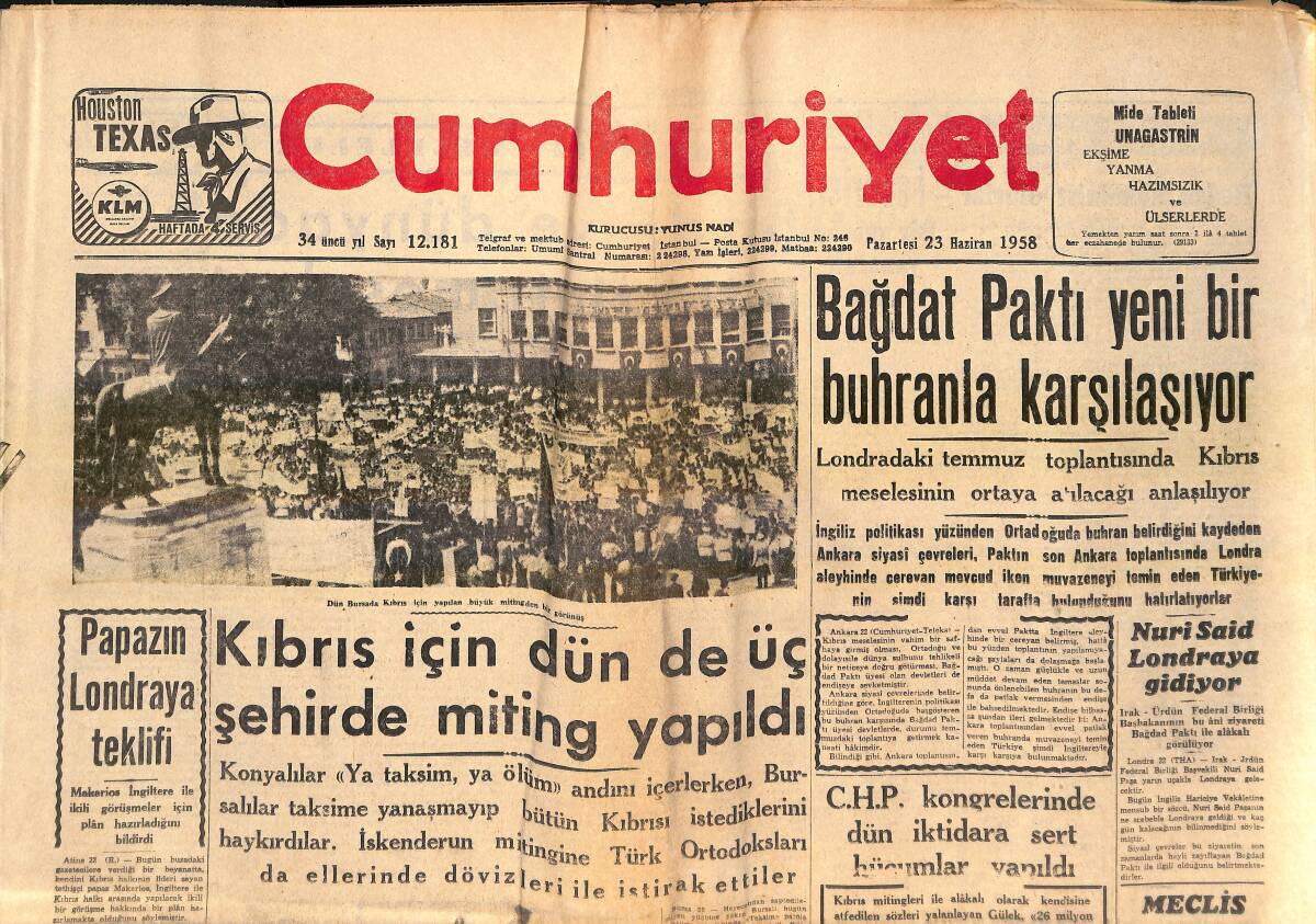 Cumhuriyet Gazetesi 23 Haziran 1958 - Lefkoşede Türk Mahallelerine Rumlar El Atmaya Başladı! - Hür. P. Liderlerinin CHP'YE Hücumları! GZ139220 - 1