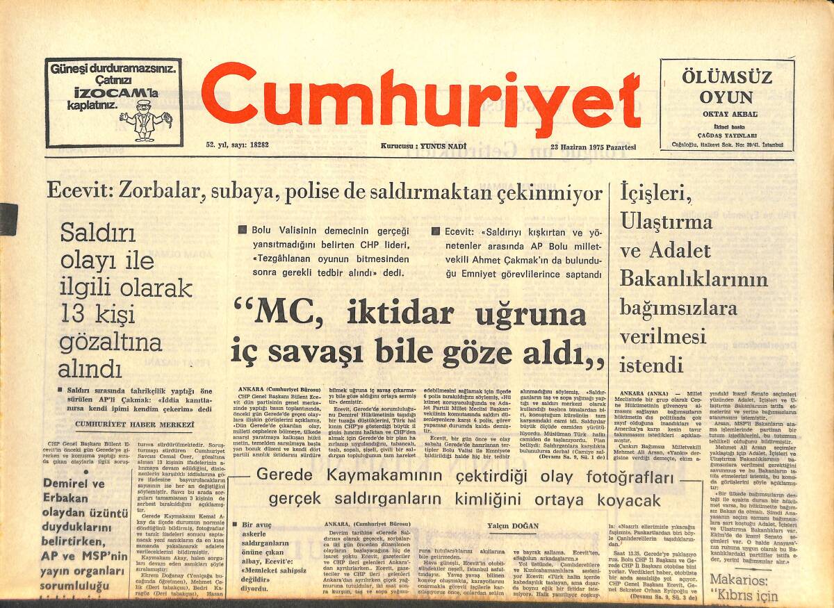 Cumhuriyet Gazetesi 23 Haziran 1975 - MC, İktidar Uğruna İç Savaşı Bile Göze Aldı - Yapımcı Fatma Günbulut Cumhuriyet'in Sorularını Yanıtladı! GZ143461 - 1