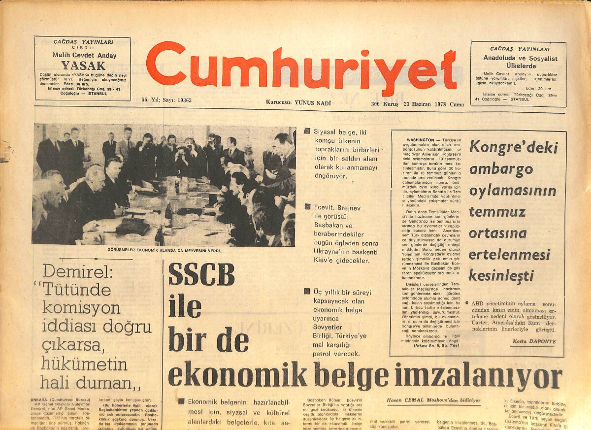 Cumhuriyet Gazetesi 23 Haziran 1978 - SSCB İle Bir De Ekonomik Belge İmzalanıyor - TV'DE Sinema Bir Türlü Yerine Oturamadı! GZ143179 - 1
