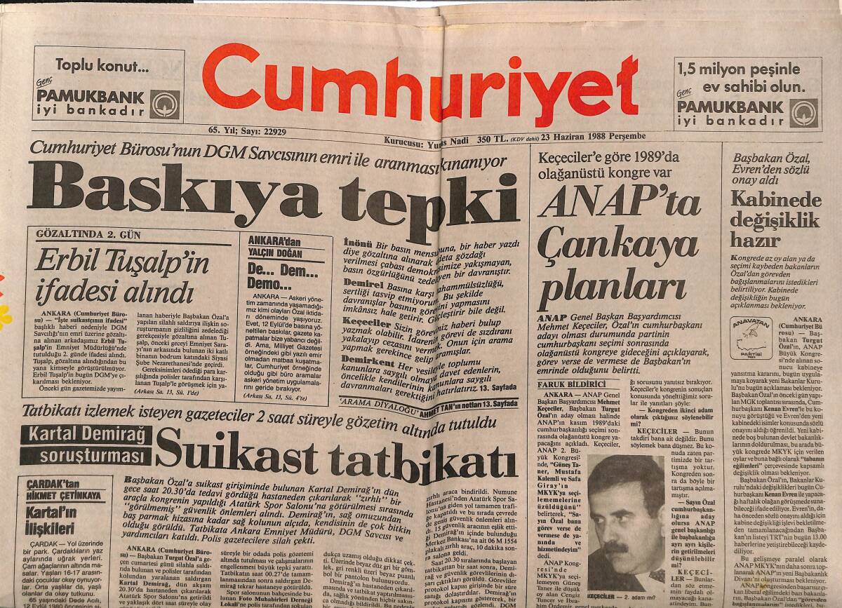 Cumhuriyet Gazetesi 23 Haziran 1988 - Yılmaz : KKTC İle Uyumluyuz - ANAP'ta Çankaya Planları GZ151903 - 1