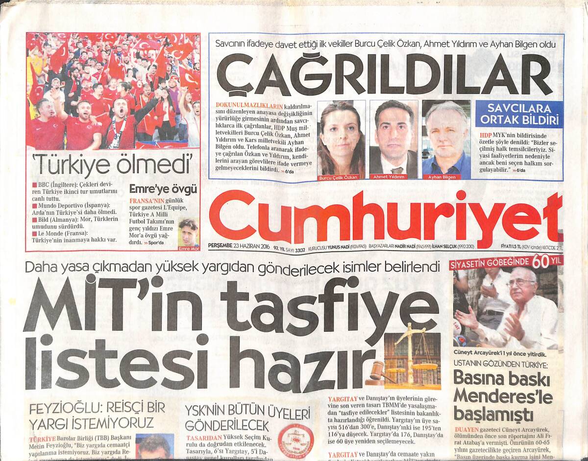 Cumhuriyet Gazetesi 23 Haziran 2016 - Türkiye Gıdaya Ulaşımda Sınıfta Kaldı - Milli Takımın Yeni Kahramanı Emre Mor GZ135473 - 1