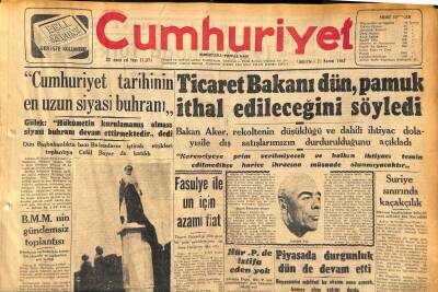 Cumhuriyet Gazetesi 23 Kasım 1957 - Ticaret Bakanı Dün , Pamuk İthal Edileceğini Söyledi GZ119728 - 1