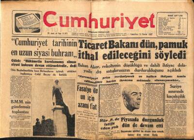 Cumhuriyet Gazetesi 23 Kasım 1957 - Ticaret Bakanı Dün , Pamuk İthal Edileceğini Söyledi GZ85293 - 1