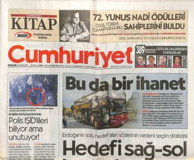 Cumhuriyet Gazetesi 23 Kasım 2017 - 72. Yunus Nadi Ödülleri Sahiplerini Buldu - Erdoğanın Solu Hedef Alan Sözlerinin Nedeni Seçim Stratejisi GZ94514 - 1