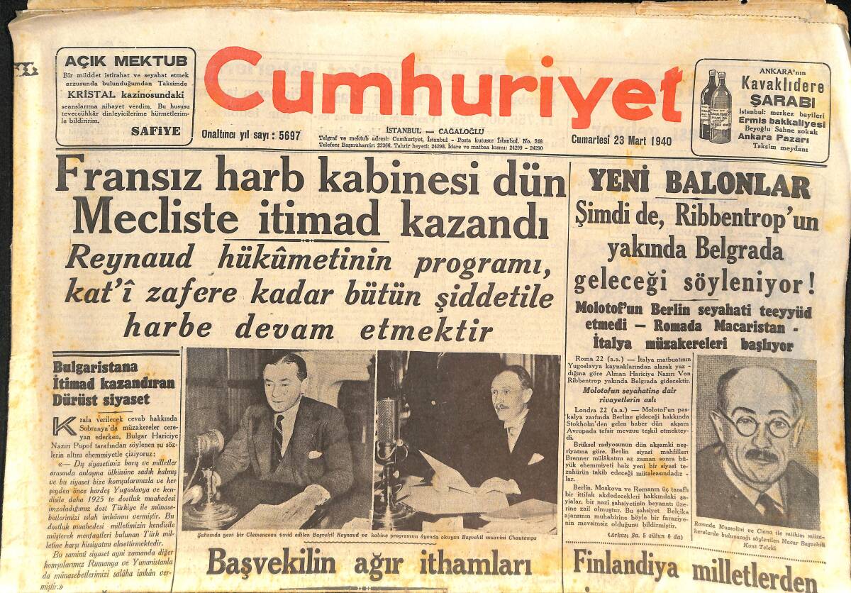 Cumhuriyet Gazetesi 23 Mart 1940 - Fransız Harp Kabinesi Dün Meclis'te İtimad Kazandı - Norveç Almanya'yı Tekrar Protesto Etti GZ146630 - 1