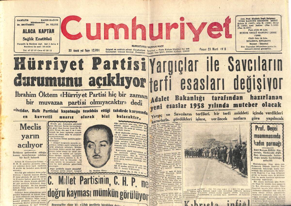 Cumhuriyet Gazetesi 23 Mart 1958 - Yargıçlar İle Savcıların Terfi Esasları Değişiyor - Kıbrısta İnfial Uyandıran Tedbir! GZ139026 - 1
