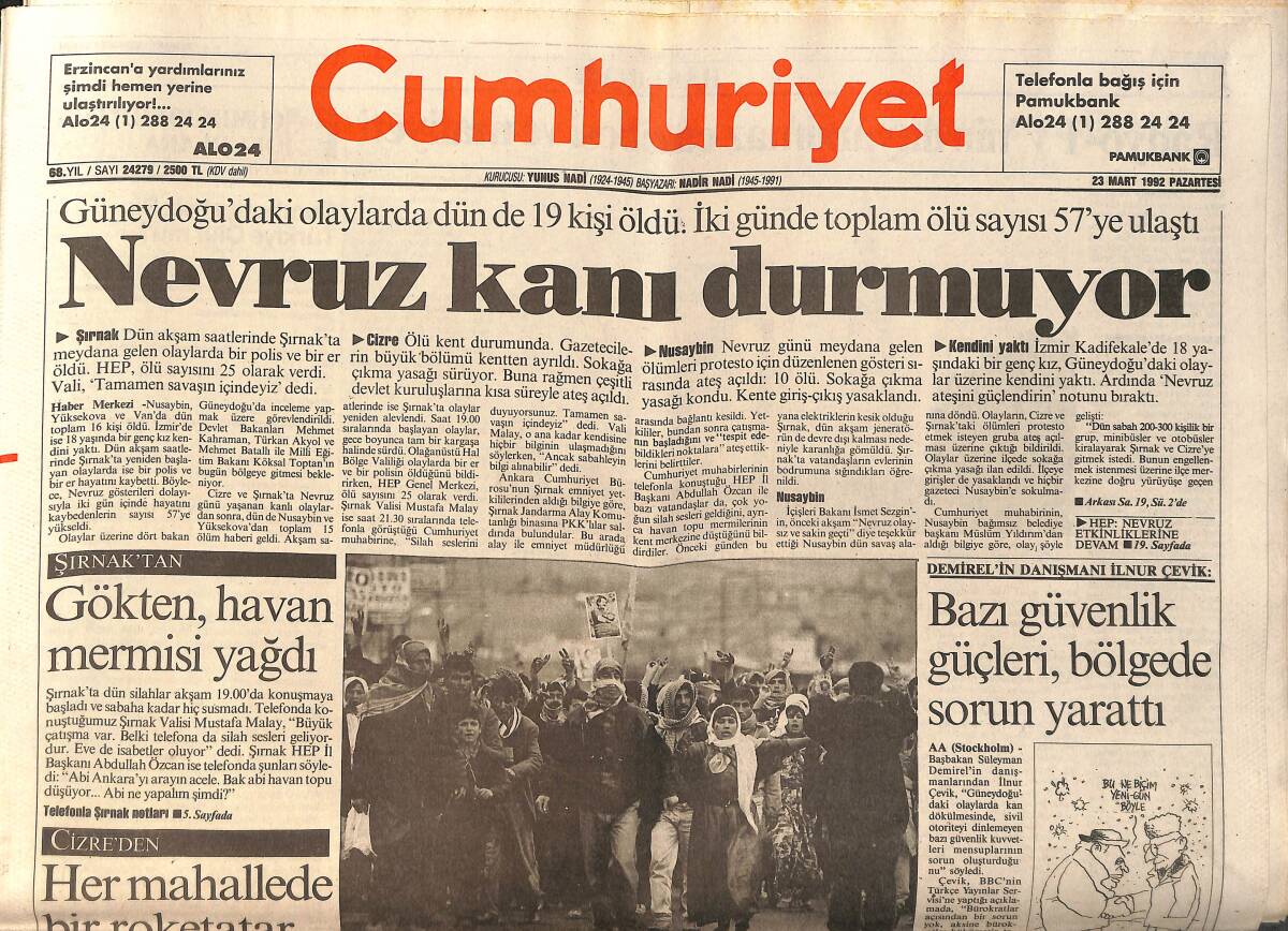 Cumhuriyet Gazetesi 23 Mart 1992 - Nevruz Kanı Durmuyor - Deprem Bu Kez Marmara Bölgesini Salladı GZ157208 - 1