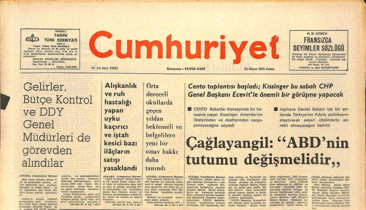Cumhuriyet Gazetesi 23 Mayıs 1975 - Nancy'nin 4 Saatlik İstanbul Ziyareti - Yılın Sinema Olayı Yılmaz Güney'in Arkadaş Filmi Oldu GZ143637 - 1