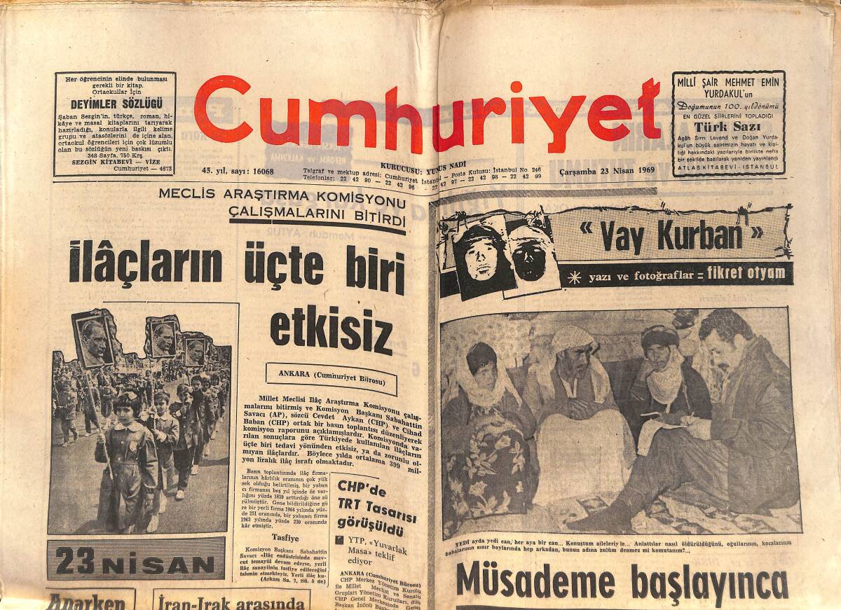 Cumhuriyet Gazetesi 23 Nisan 1969 - İran-Irak Türkiye'ye Arabuluculuk Teklif Etti - Menderes'in Dramı - Fenerbahçe Beşiktaş Pazara Hazırlanıyor GZ139786 - 1