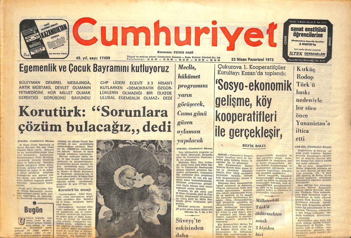 Cumhuriyet Gazetesi 23 Nisan 1973 - Milli Mücadele'nin İlk Yıllarından İlginç Belgeler - İsrail'e Yenilen Voleybol Milli Takımımız 6. Oldu! GZ143012 - 1