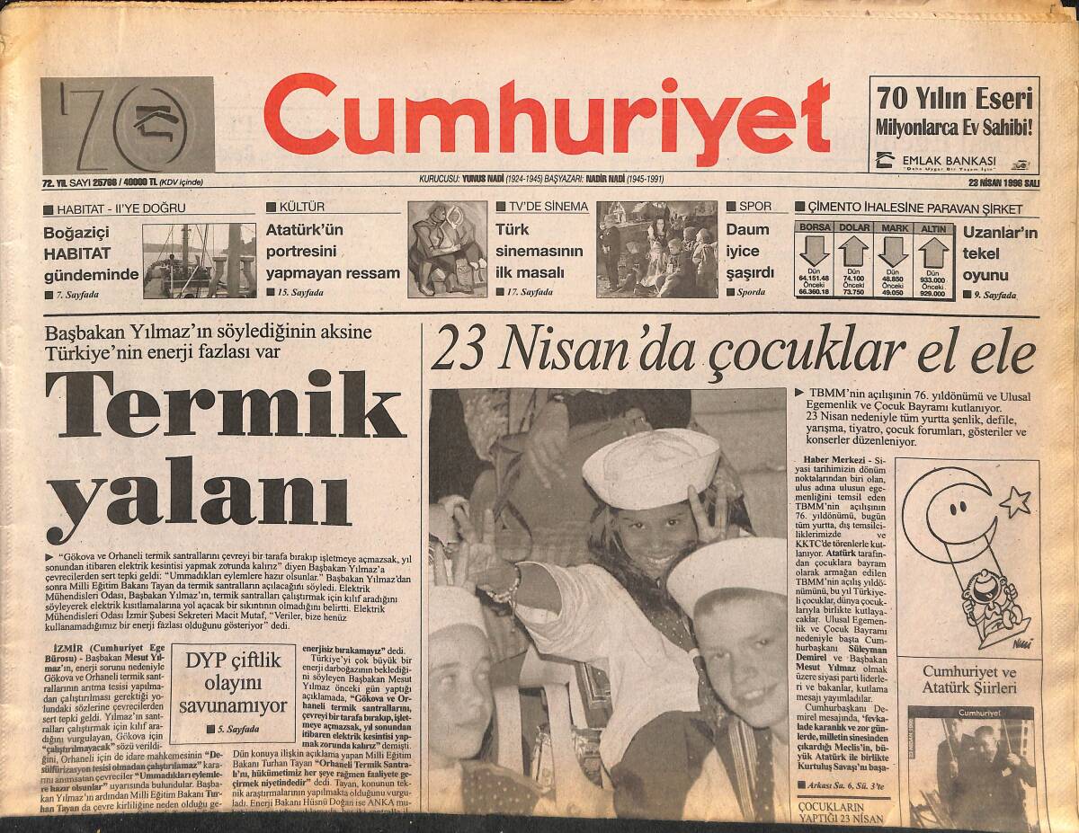 Cumhuriyet Gazetesi 23 Nisan 1996 - Yunan Askeri , Türk Balıkçısını Vurdu - Cazın Prensesi Azize GZ148033 - 1