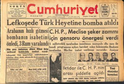 Cumhuriyet Gazetesi 23 Ocak 1957 - Ayasofya Tamir Ediliyor - Lefkoşede Türk Heyetine Bomba Atıldı GZ120270 - 1