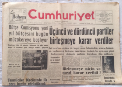 Cumhuriyet Gazetesi 23 Ocak 1961 - Üçüncü Ve Dördüncü Partiler Birleşmeye Karar Verdiler - GZ19458 - 1