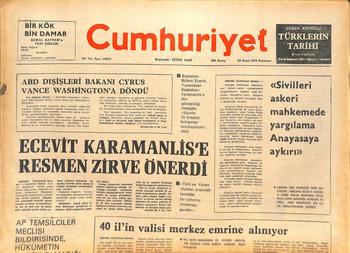 Cumhuriyet Gazetesi 23 Ocak 1978 - Ecevit Karamanlis'e Resmen Zirve Önerdi - Cyrus Vance Washington'a Döndü GZ142690 - 1