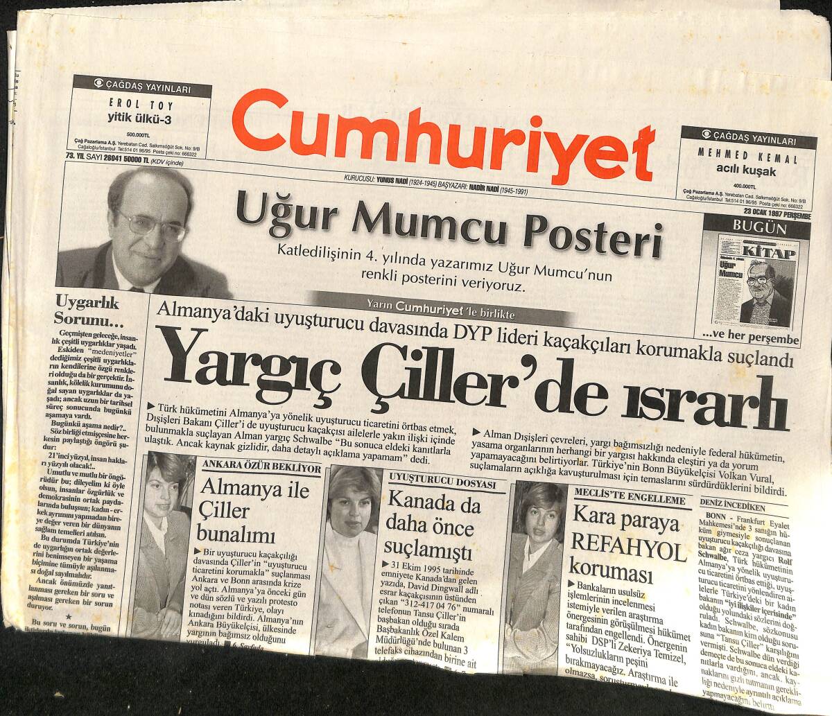 Cumhuriyet Gazetesi 23 Ocak 1997 - Meral Çatlı Ve Mehmet Ağar ''Çatlı'yı Hapishaneden Devlet Kaçırdı '' GZ157330 - 1