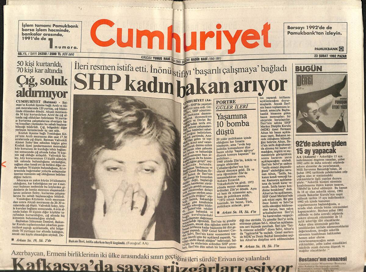 Cumhuriyet Gazetesi 23 Şubat 1992 - SHP Kadın Bakan Arıyor - Bostancı'nın Cenazesi GZ151974 - 1