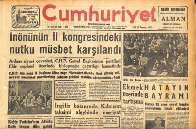 Cumhuriyet Gazetesi 23 Temmuz 1957 - Atinanın Harb Tehdidi ! - Asya Gripi - İnönünün İl Kongresindeki Nutku Nüsbet Karşılandı GZ120321 - 1