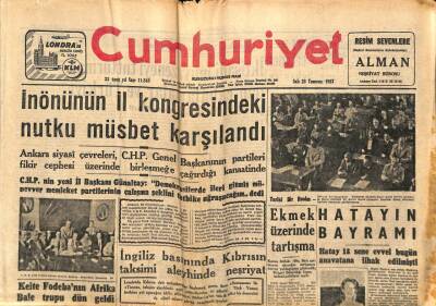 Cumhuriyet Gazetesi 23 Temmuz 1957 - İnönünün İl Kongresindeki Nutku Nüsbet Karşılandı GZ87193 - 1