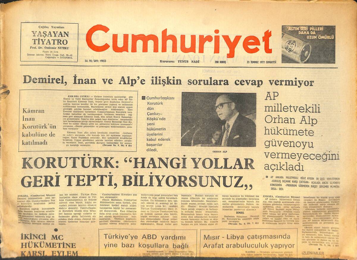 Cumhuriyet Gazetesi 23 Temmuz 1978 - Türkiye'ye ABD Yardımı Yine Bazı Koşullara Bağlı - Tofaş Sas Karıştı GZ142797 - 1