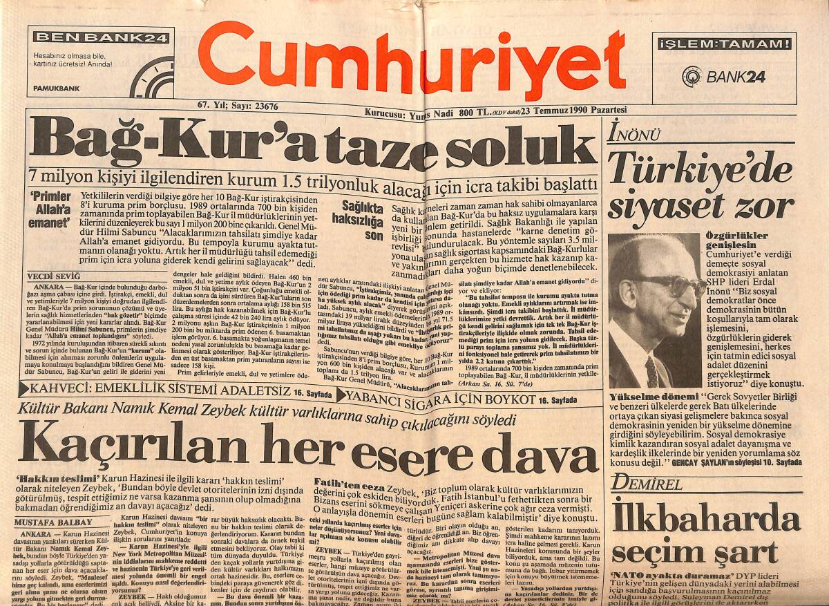 Cumhuriyet Gazetesi 23 Temmuz 1990 - Güneydoğu'ya Tarihi Önem - Pist Yarışı İskender Atakan'ın GZ151939 - 1