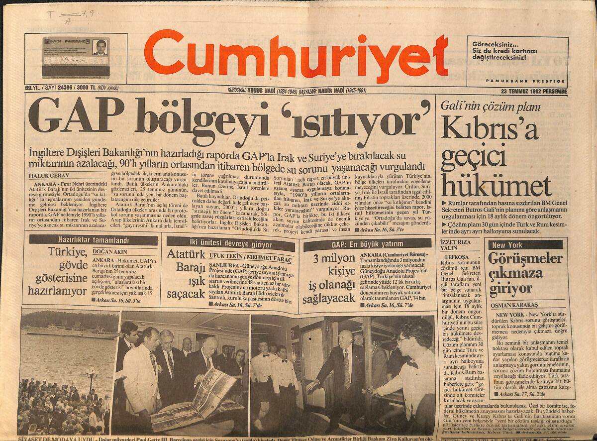 Cumhuriyet Gazetesi 23 Temmuz 1992 - GAP Bölgeyi Isıtıyor - Toto Karaca Artık Yok GZ157235 - 1