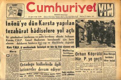 Cumhuriyet Gazetesi 24 Ağustos 1957 - Orhan Köprülü Hür P.ye Geçti - Şapka İnkilâbımızın 32.Yıldönümü GZ120366 - 1