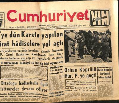 Cumhuriyet Gazetesi 24 Ağustos 1957 - Otobüsler 8 Ayda 70 Milyon Yolcu Taşıdı - Kıbrısta Tedhiş Yeniden Başladı GZ96970 - 1