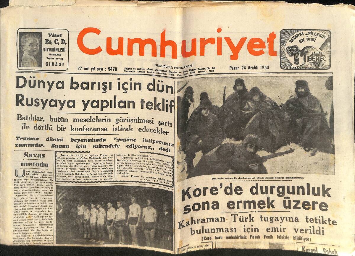 Cumhuriyet Gazetesi 24 Aralık 1950 - Kore'de Durgunluk Sona Ermek Üzere - Dünya Barışı İçin Dün Rusya'ya Yapılan Teklif GZ146760 - 1