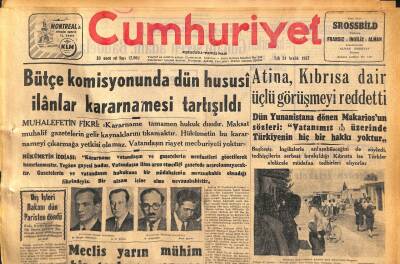 Cumhuriyet Gazetesi 24 Aralık 1957 - Atina , Kıbrısa Dair Üçlü Görüşmeyi Reddetti - Adana-Ceyhan Yolu Üzerinde Soygunculuk GZ119757 - 1