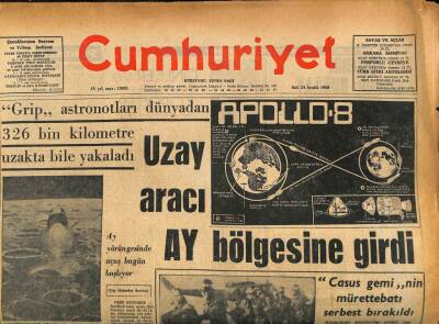 Cumhuriyet Gazetesi 24 Aralık 1968 - Grip Astronotları Dünyadan 326 Bin Km. Uzakta ile Yakaladı GZ86027 - 1