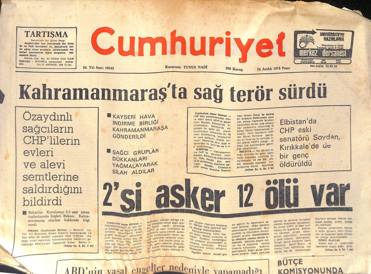 Cumhuriyet Gazetesi 24 Aralık 1978 - İtalyan Uçağı Denize Düştü 108 Kişi Öldü - Eurovision Şarkı Yarışmasının Sonuçları Tepki İle Karşılandı GZ132653 - 1