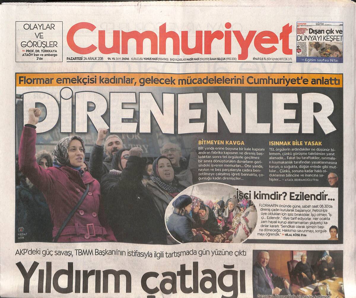 Cumhuriyet Gazetesi 24 Aralık 2018 - Fon İşverene Cömert - Sanatçılara Soruşturma - Suriye Sınırında Askeri Hareketlilik GZ135368 - 1