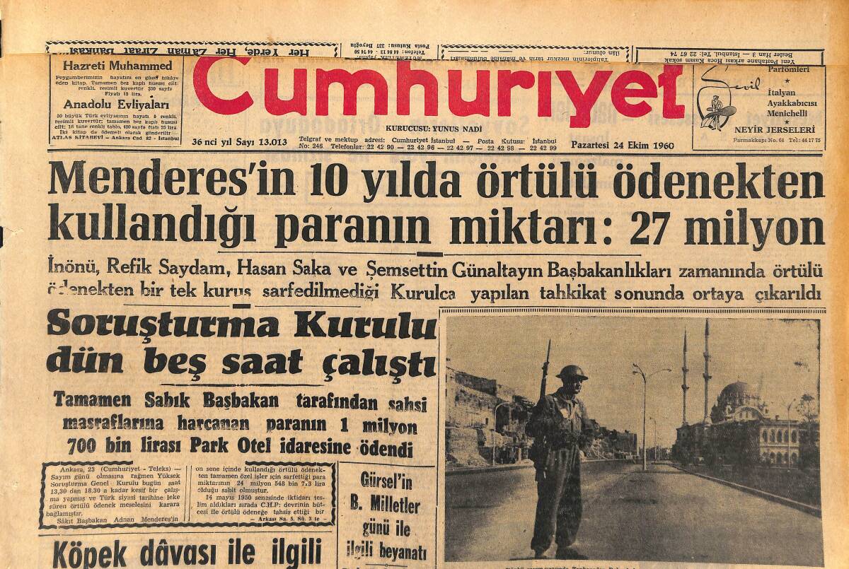 Cumhuriyet Gazetesi 24 Ekim 1960 - Menderes'in 10 Yılda Örtülü Ödenekten Kullandığı Paranın Miktarı 27 Milyon GZ152561 - 1