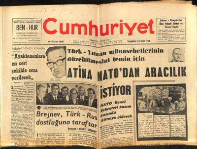 Cumhuriyet Gazetesi 24 Ekim 1964 - Brejnev, Türk - Rus Dostluğuna Taraftar GZ88098 - 1