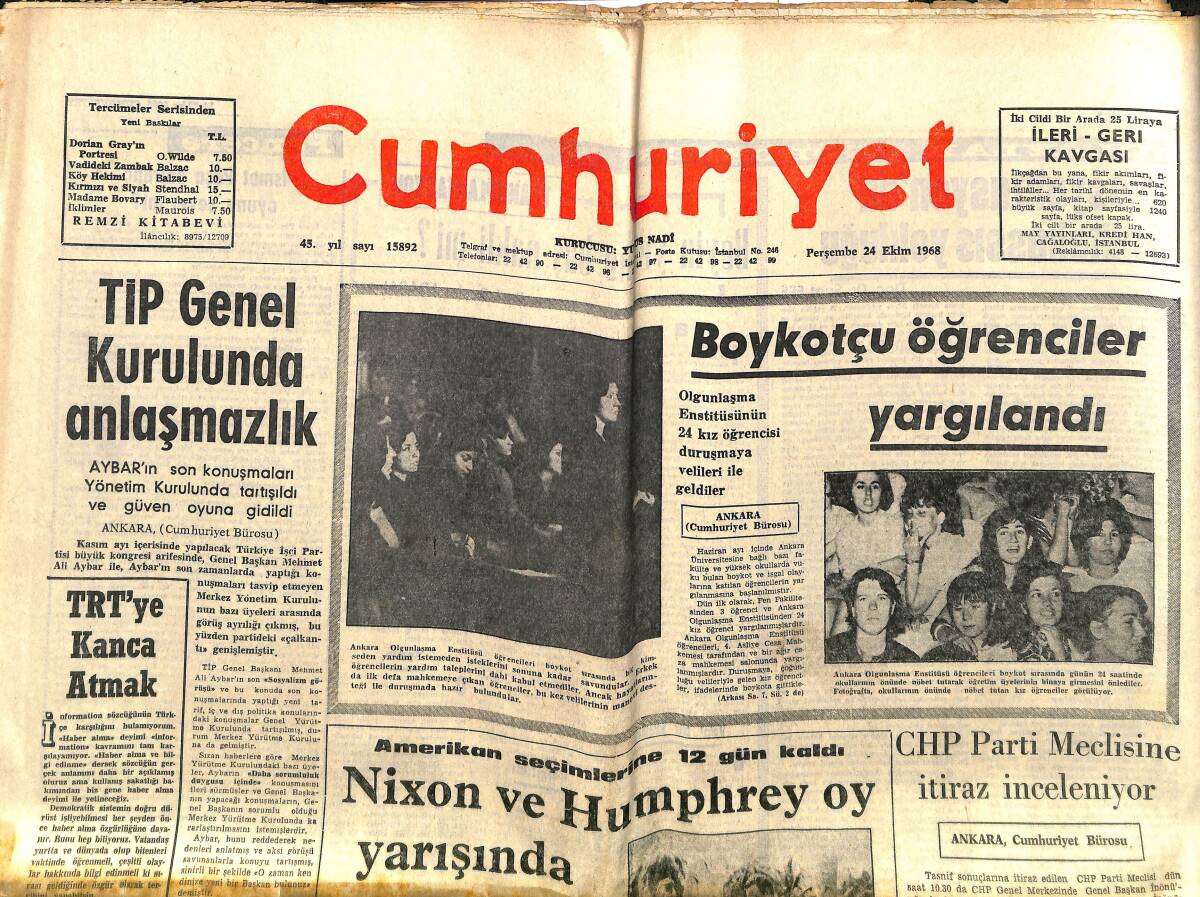 Cumhuriyet Gazetesi 24 Ekim 1968 - Nixon Ve Humphrey Oy Yarışında - Apollo-10 Haziran'da Ay'a İnsan Götürecek GZ140014 - 1