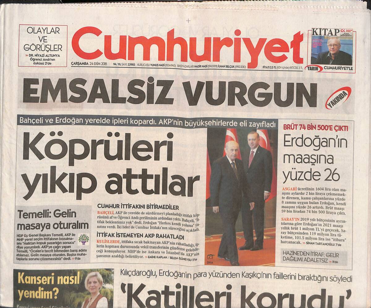 Cumhuriyet Gazetesi 24 Ekim 2018 - İş Kazaları Durmak Bilmiyor - 'Katilleri Korudu' - Öğrenci Andı'nın Öykü'sü GZ135385 - 1