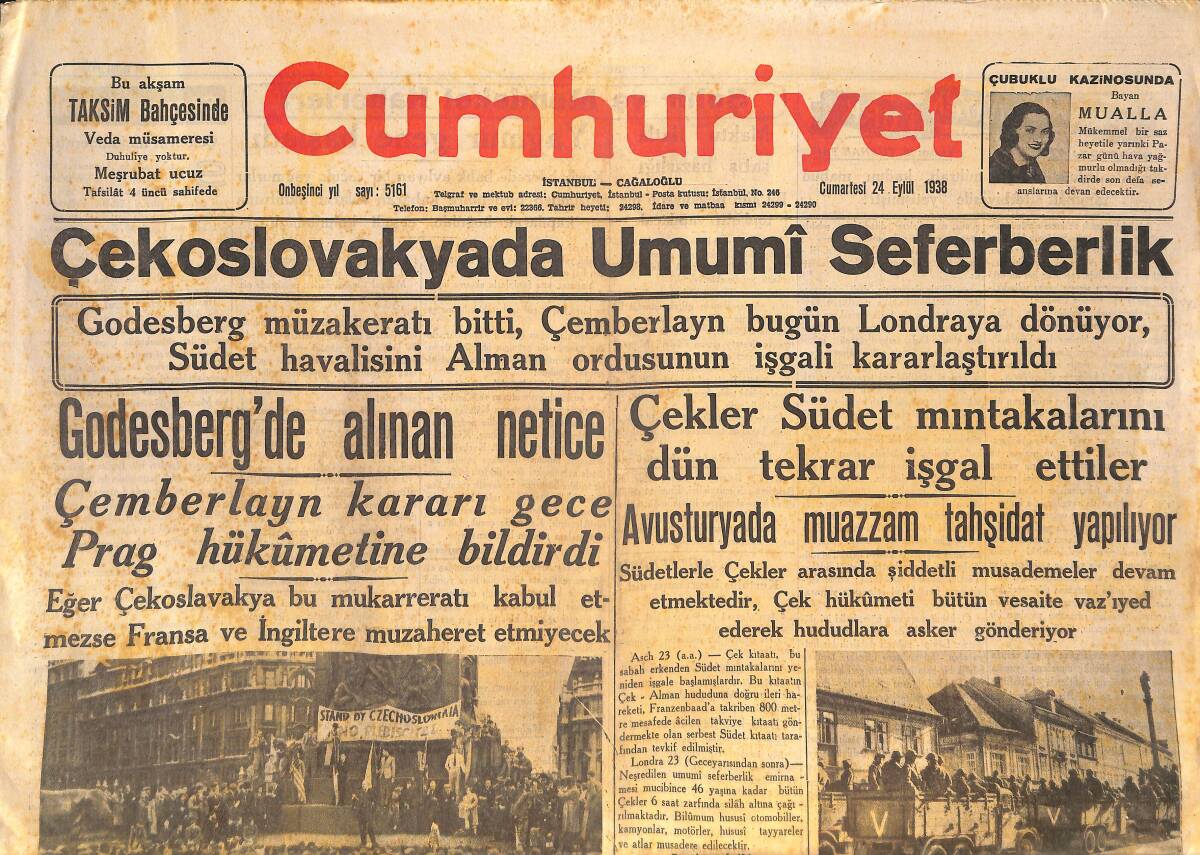 Cumhuriyet Gazetesi 24 Eylül 1938 - Çekoslovakyada Umumi Seferberlik - Barbaros İhtilafı - Beynelminel Ticaret Odası Reisi Türk Ofiste GZ146497 - 1