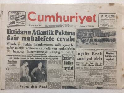 Cumhuriyet Gazetesi 24 Eylül 1951 - İktidarın Atlantik Paktına Karşılık Muhalefete Cevabı GZ52516 - 1