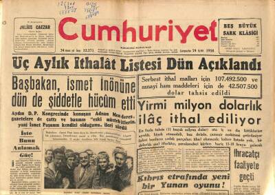 Cumhuriyet Gazetesi 24 Eylül 1958 - İstanbullunun Günde Bir Bardak Süt İçebilmesi İçin 100 Bin İneğe İhtiyaç Var GZ98026 - 1
