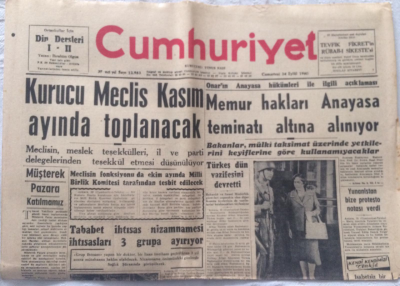 Cumhuriyet Gazetesi 24 Eylül 1960 - Memur Hakları Anayasa Teminatı Altına Alınıyor - GZ19447 - 1