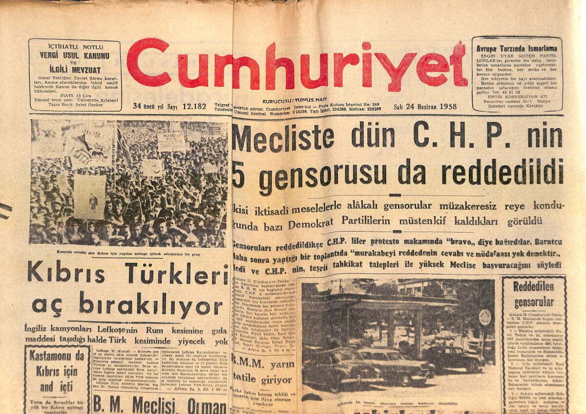 Cumhuriyet Gazetesi 24 Haziran 1958 - Mecliste Dün CHP'NİN 5 Generosu Da Reddedildi - B.M. Meclisi Orman Suçlarını Affetti! GZ139221 - 1