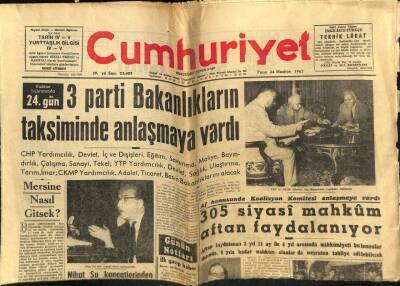 Cumhuriyet Gazetesi 24 Haziran 1962 - 3 Parti Bakanlıkların Taksiminde Anlaşmaya Vardı GZ58974 - 1