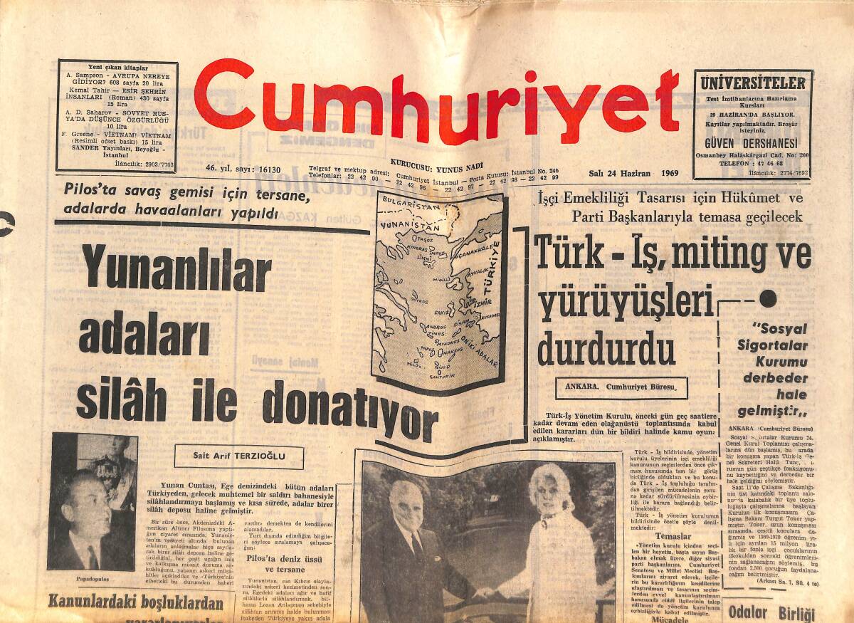 Cumhuriyet Gazetesi 24 Haziran 1969 - Yunanlılar Adaları Silah İle Donatıyor - Yanmış Rus Tankları İsrail'e Turist Ve Döviz Sağlıyor GZ139782 - 1