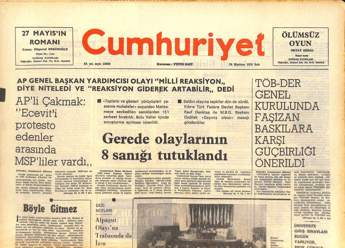 Cumhuriyet Gazetesi 24 Haziran 1975 - Gerede Olaylarının 8 Sanığı Tutuklandı - Beşiktaş Kulübü Basın Sözcüsü Tüzman Görevinden İstifa Etti! GZ143462 - 1