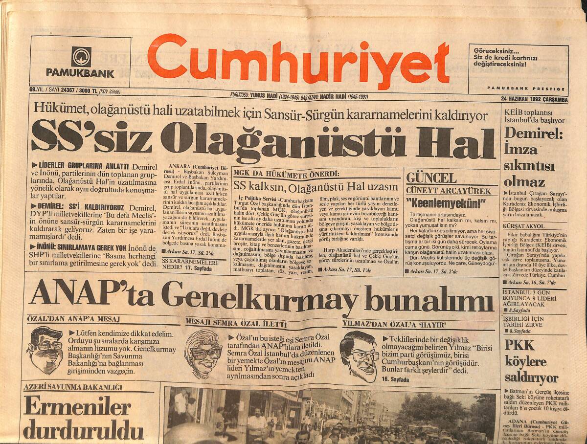 Cumhuriyet Gazetesi 24 Haziran 1992 - Moldova'da Kan Akıyor - İşçi Yürüdü , İstanbul Durdu GZ157192 - 1