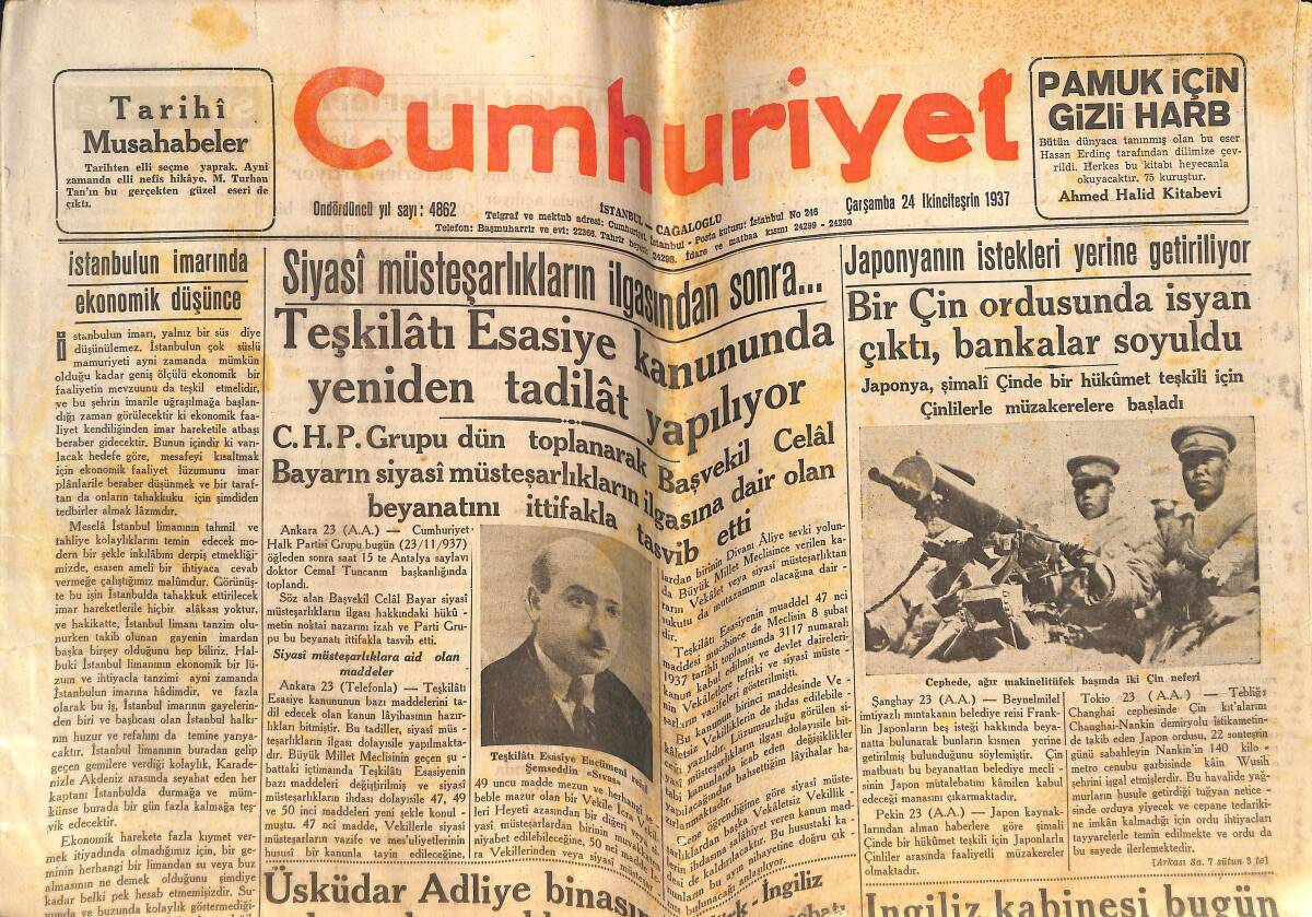 Cumhuriyet Gazetesi 24 Kasım 1937 - Şehir Meclisi İçtima Devresini Bitirdi - Teşkilatı Esasiye Kanununda Yeniden Tadilat Yapılıyor! GZ146483 - 1