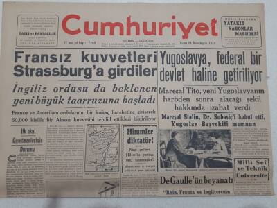 Cumhuriyet Gazetesi 24 Kasım 1944 - Yugoslavya Federal Devlet Haline Getiriliyor GZ71867 - 1